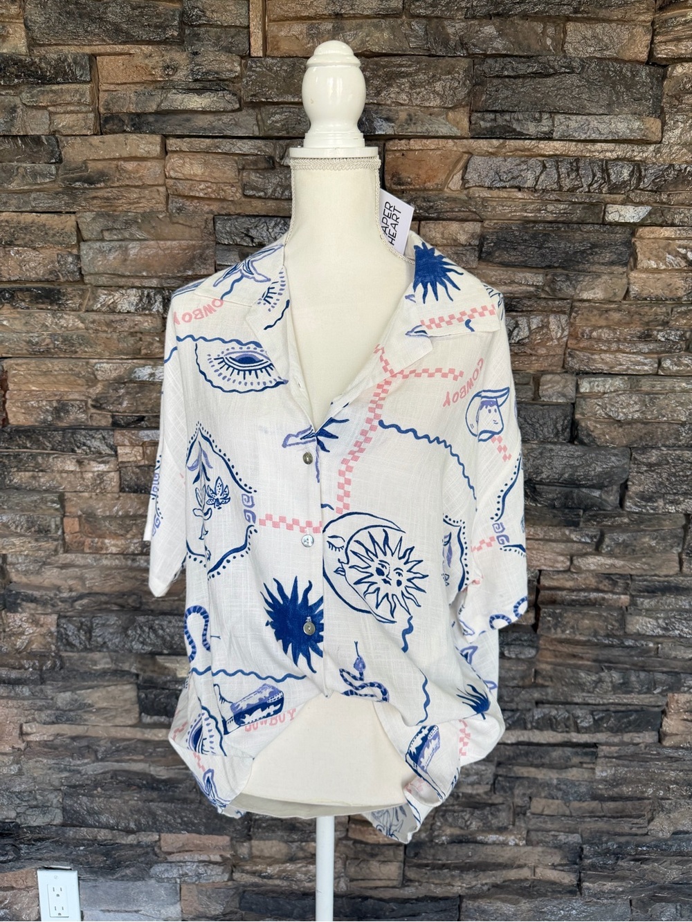 Women's White Short Sleeve Button-Up Top with Blue & Pink Print - Picture 1 of 13